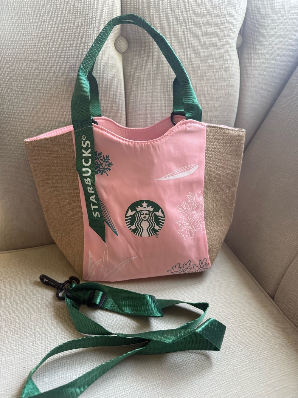 Starbucks Pink Tote with Green Handles and Logo